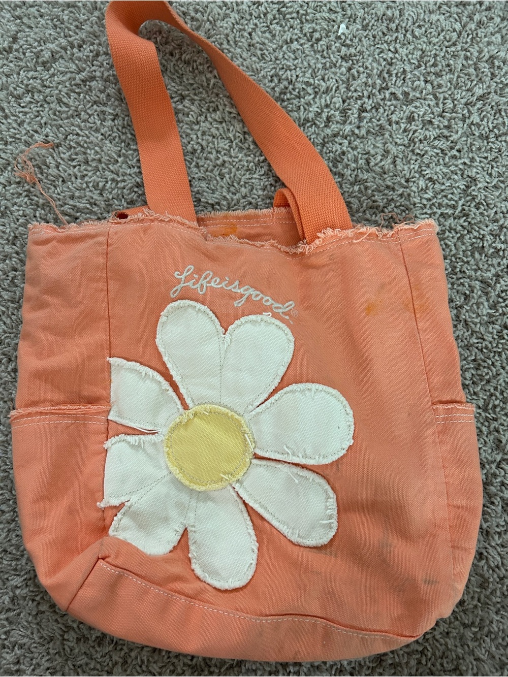 Life Is Good Coral Canvas Daisy Tote with Yellow Center